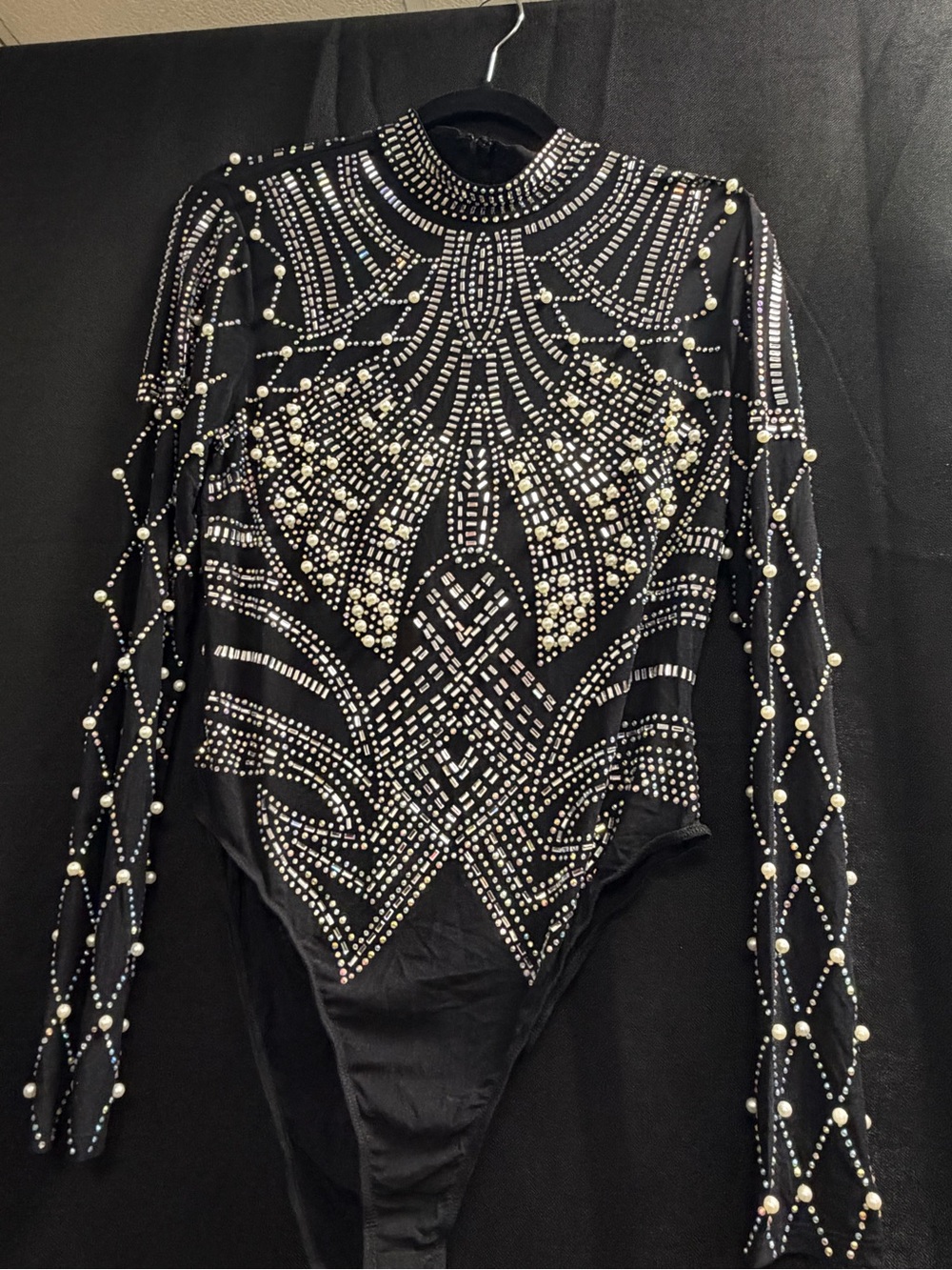 Fashion Nova Black Embellished Pearl & Crystal Long-Sleeve Bodysuit